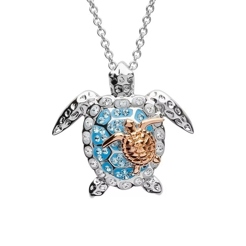 Ladies Silver Mother Gold Baby Sea Turtle Crystal Pendant Chain Necklace