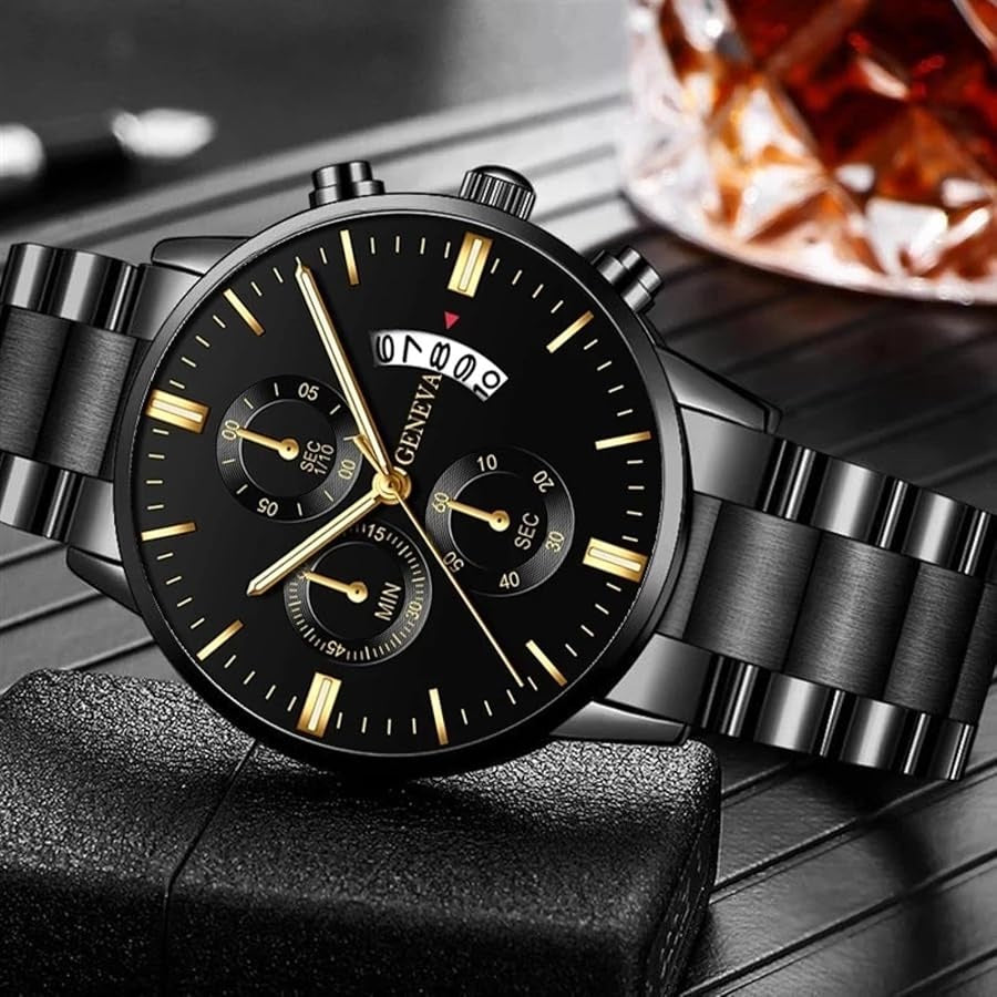Men Geneva Luxury Black Gold Stainless Steel Calendar Analog Quartz Wrist Watch