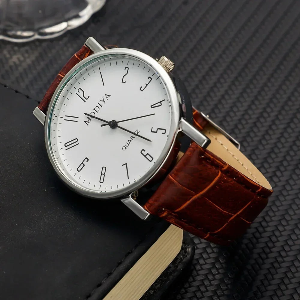 Mens Luxury Leather Strap Quartz Analog Stainless Steel Pin Buckle Wrist Watch (A)