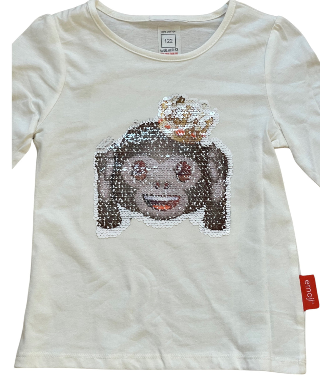 Girls Ivory Emoji Hear No Evil Sequins Cotton Long Sleeve Tunic Tops