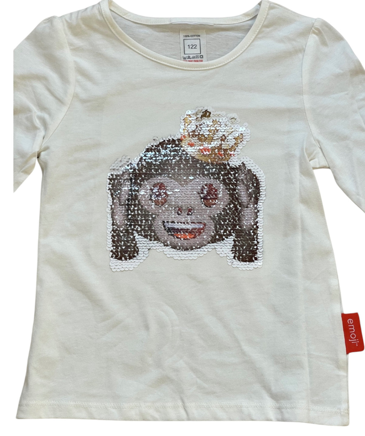 Girls Ivory Emoji Hear No Evil Sequins Cotton Long Sleeve Tunic Tops