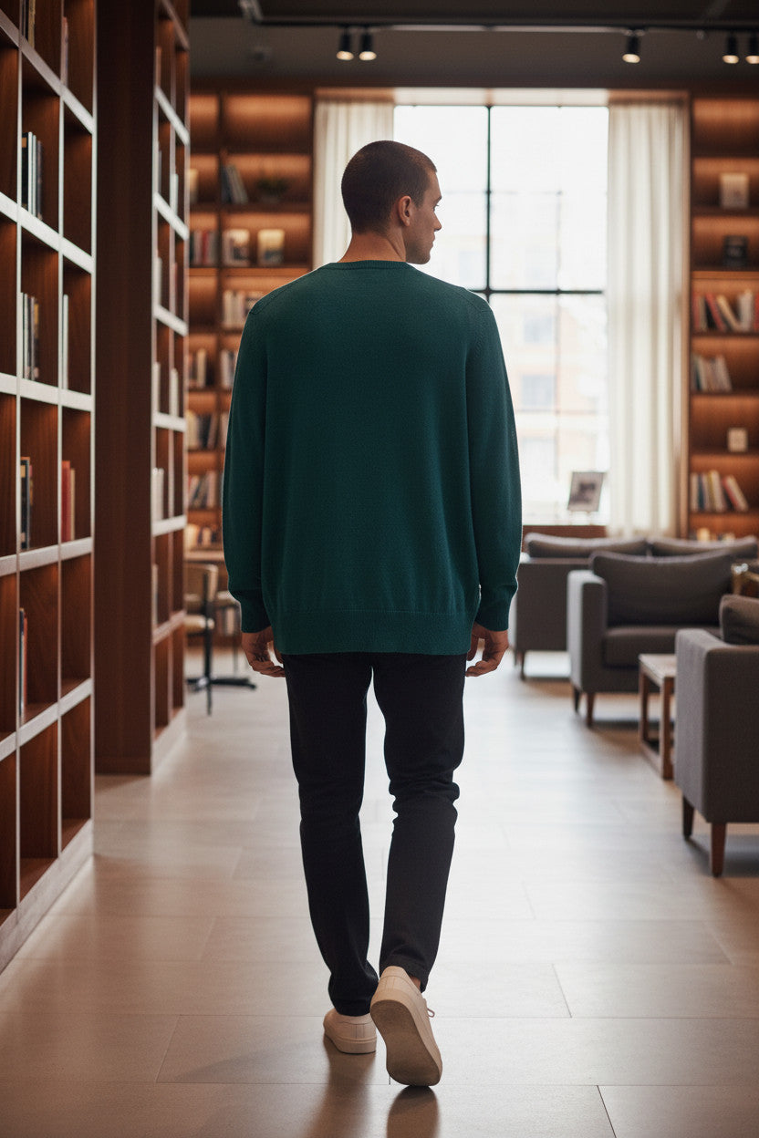 Mens Green Soft Knitted Lambswool Ribbed Crew Neck Longsleeve Jumper (Medium)