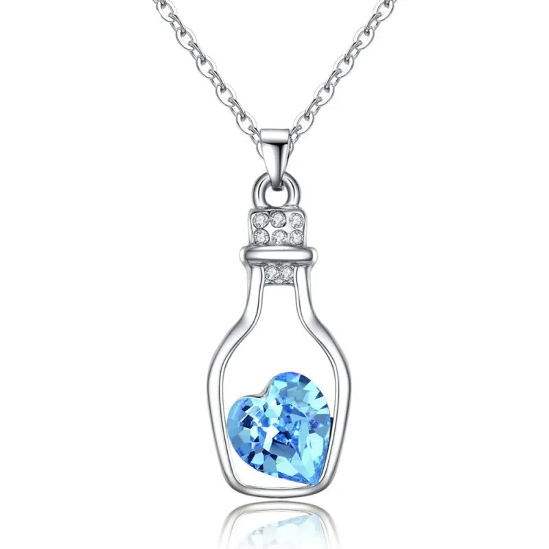 Ladies Silver Pink Blue Heart Crystal Drift Bottle Pendant Link Chain Necklaces