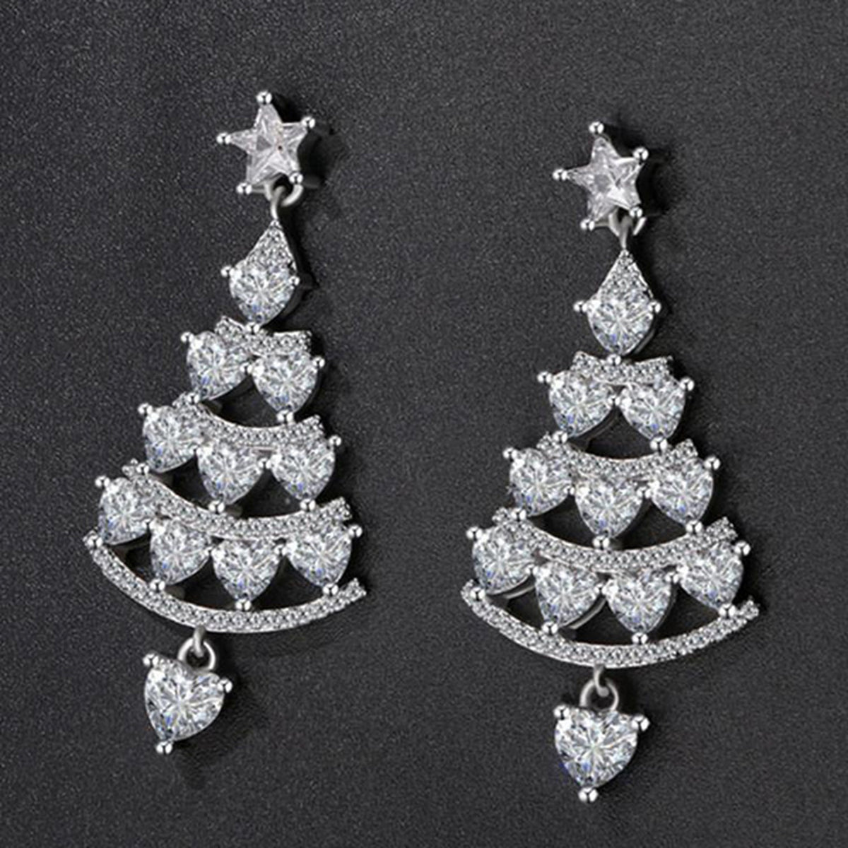 Ladies Silver Shiny Rhinestone Hollow Christmas Tree Festive Dangle Earrings
