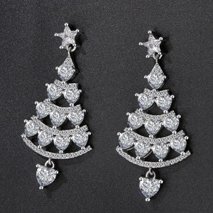 Ladies Silver Shiny Rhinestone Hollow Christmas Tree Festive Dangle Earrings