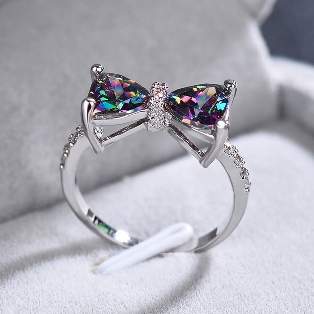 Ladies Sterling Silver Plated Sparkling Multi Color Diamond Cut Crystal Bow Ring