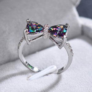 Ladies Sterling Silver Plated Sparkling Multi Color Diamond Cut Crystal Bow Ring
