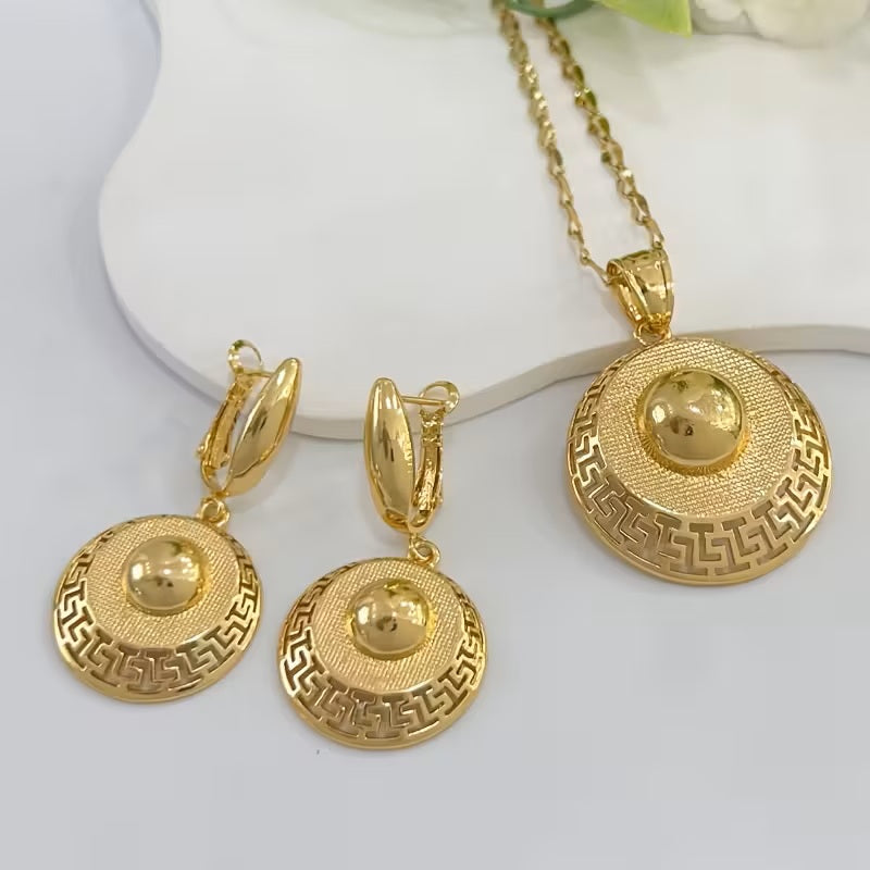 Ladies 18K Gold Plated Round Smooth Cutout Great Wall Earrings Necklace Set