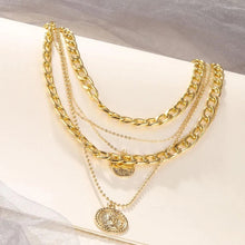 Load image into Gallery viewer, Ladies Gold Plated Thick Link Thin Chain 5Pce Multi Layer Coin Pendant Necklace
