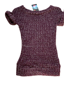 Girls Burgundy Loose Knit Roll Cap Sleeve Hem Tunic Long Jumper