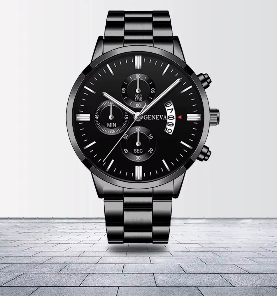 Mens Geneva Black Silver Stainless Steel Quartz Dial Analog Calendar Wrist Watch