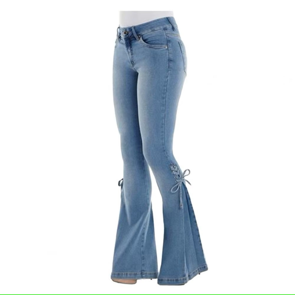 Ladies High Waist Stretchy Flare Hem Side Tie Jeans