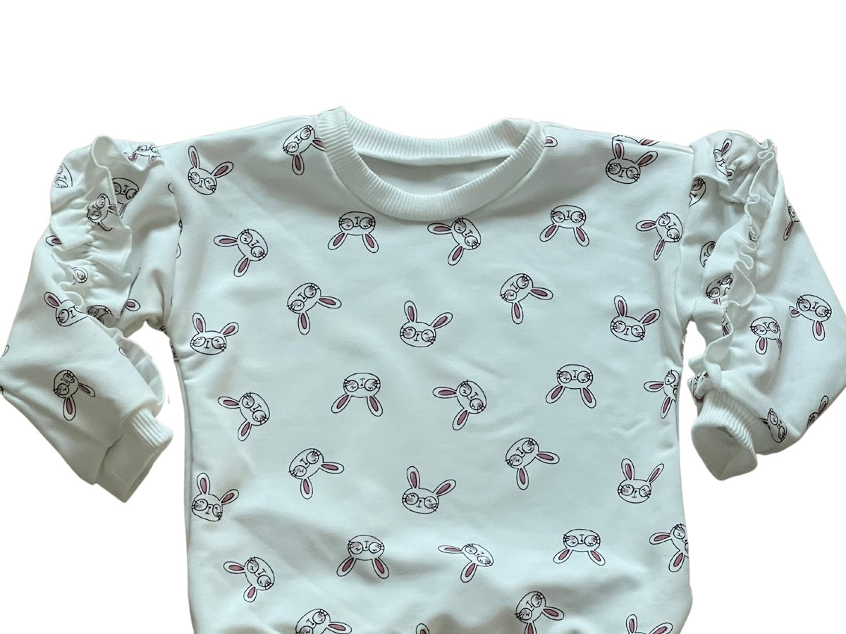 Girls Toddlers White Bunny Head Prints Long Sleeve Frills Sweatshirts Tops