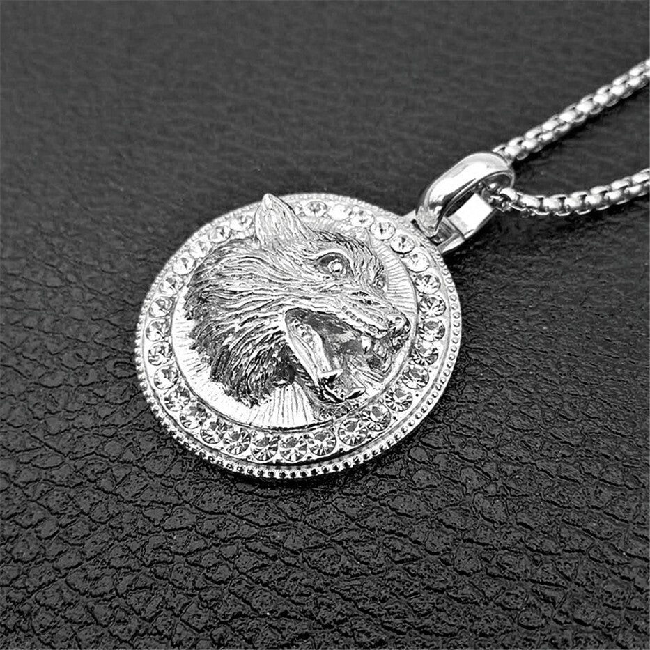 Mens Unisex Silver Roaring Wolf Head Crystals Solid Pendant Braid chain Necklace