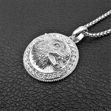Load image into Gallery viewer, Mens Unisex Silver Roaring Wolf Head Crystals Solid Pendant Braid chain Necklace
