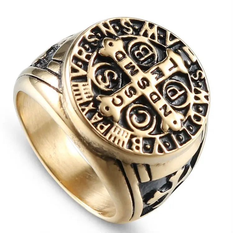 Mens Gold Plated Cross Faith Stainless Steel Protection Chunky Signet Gents Ring