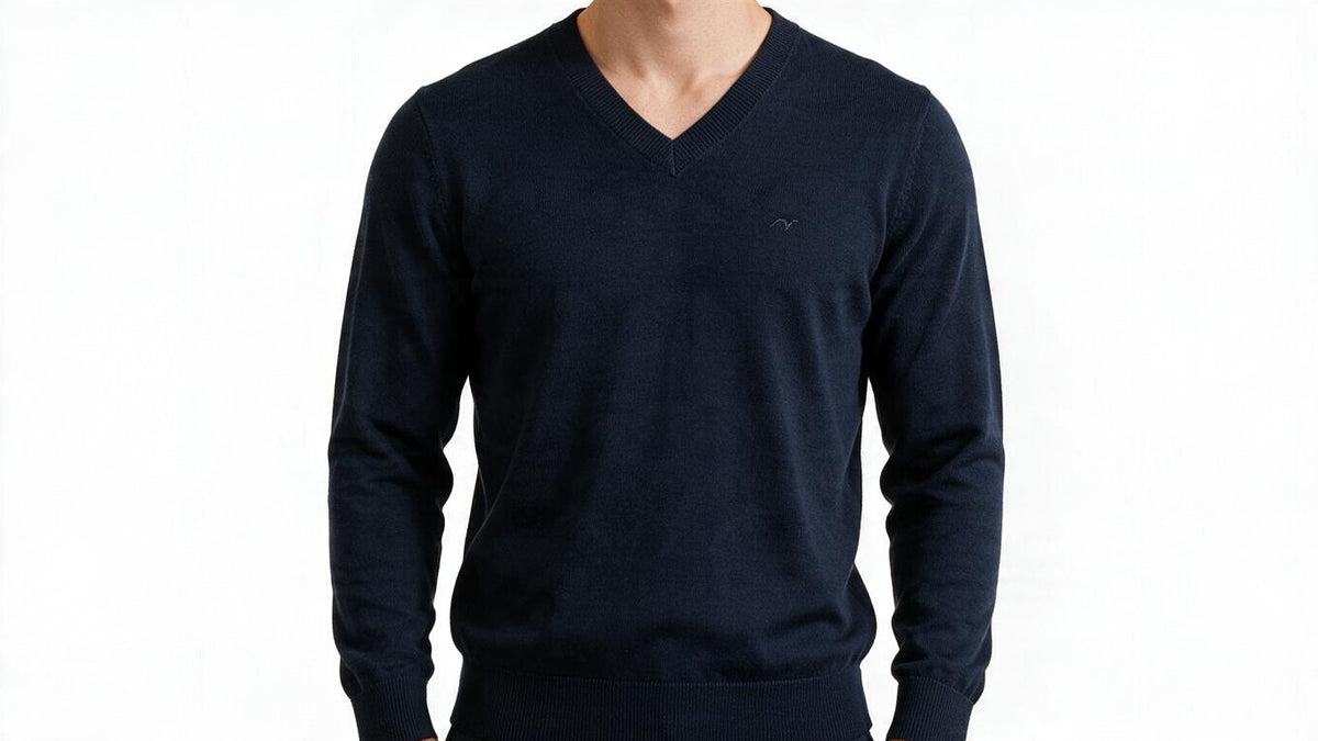 Mens Navy Sacoor Ribbed V Neck Lambswool Blend Pullover Long Sleeve Jumper (L)