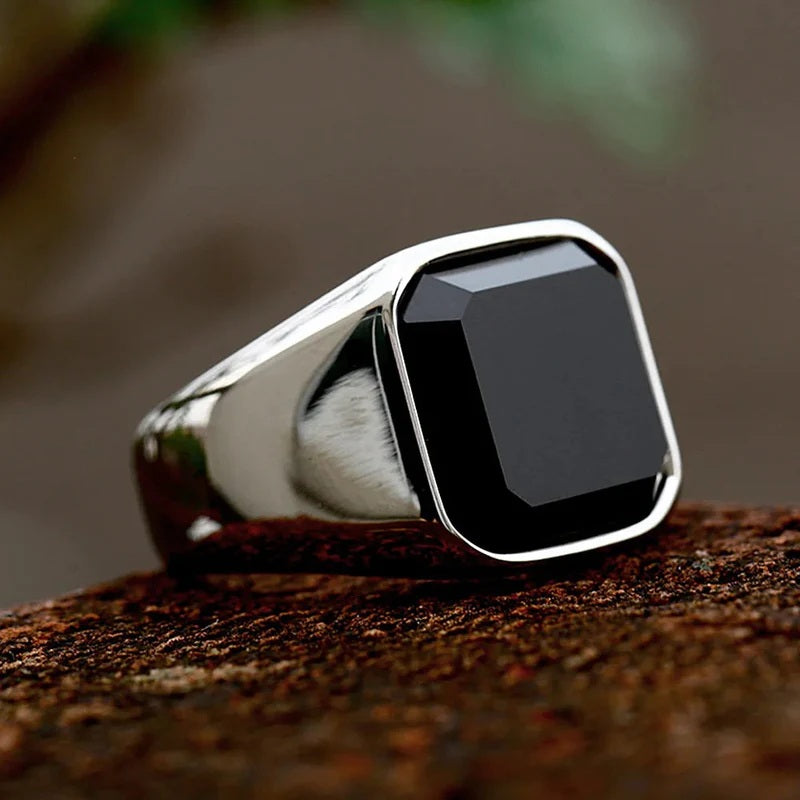 Mens Silver Stainless Steel Square Inlay Black Agate Stone Thick Band Ring