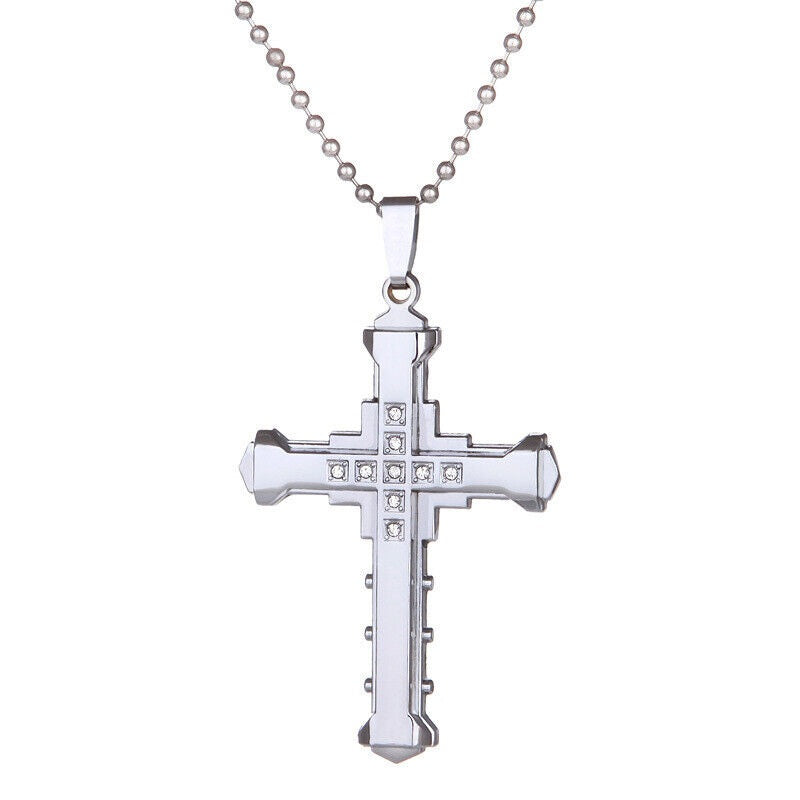 Ladies Mens Unisex Inlaid Crystal Cross Pendant Silver Long Link Chain Necklace