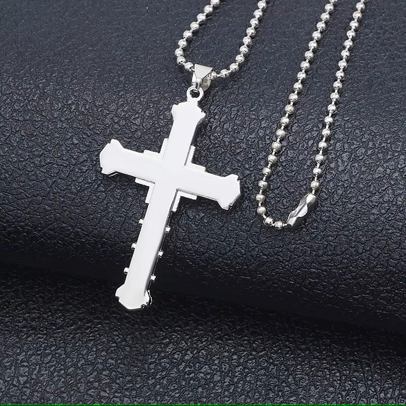 Ladies Mens Unisex Inlaid Crystal Cross Pendant Silver Long Link Chain Necklace