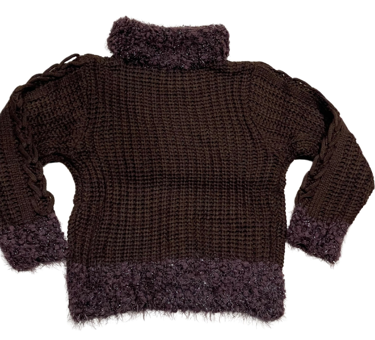 Girls Brown Cable Knit Beaded Ribbed Roll Up Frills Metallic Hem Jumpers