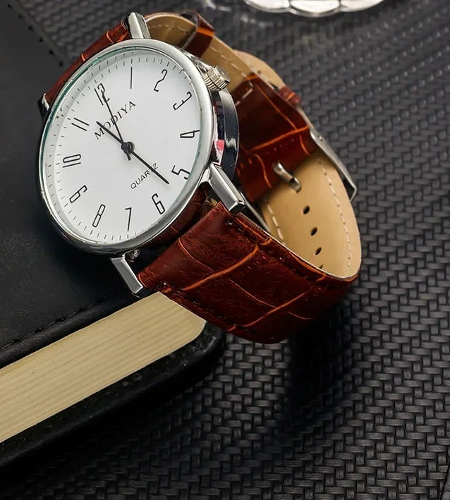 Mens Luxury Leather Strap Quartz Analog Stainless Steel Pin Buckle Wrist Watch (A)