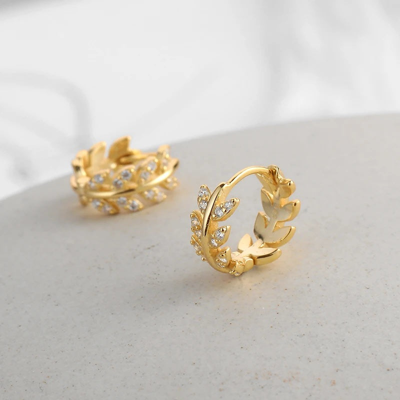 Ladies Gold Plated Crystal Leafy Cut Small Hoop Fashion Earrings
