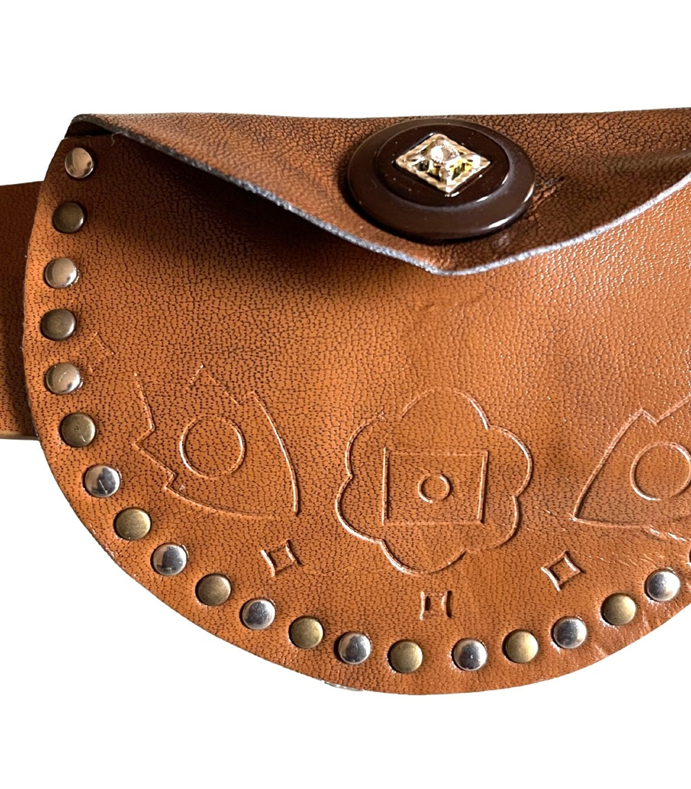 Ladies Brown Faux Leather Round Brass Metal Hook Buckle Plus Money Pouch Belts