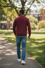 Load image into Gallery viewer, Mens Burgundy Soft Knitted Cotton Rich V-Neck Ribbed Long Sleeve Jumper
