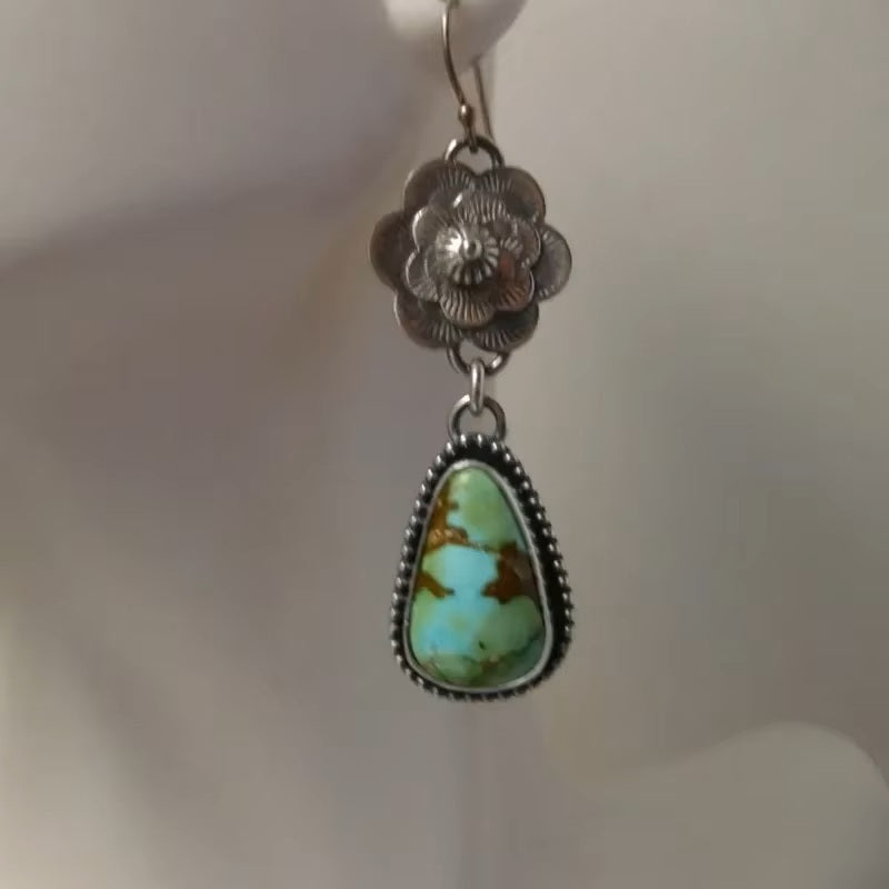 Ladies Silver Vintage Metal Handcarved Floral Turquoise Hook Dangling Earrings