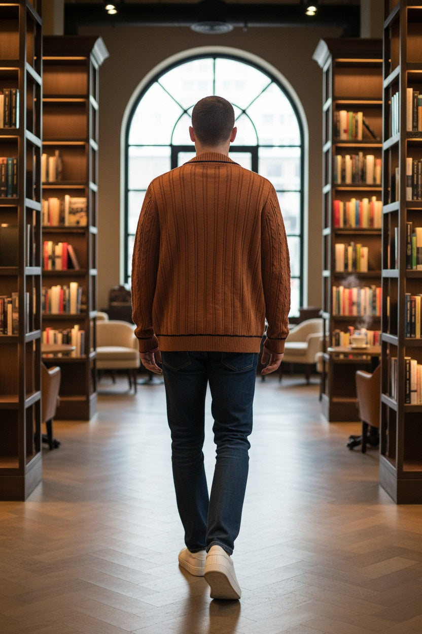 Mens Burnt Orange Black Trim Ribbed Shawl Collar Cable Knit Longsleeve Jumper