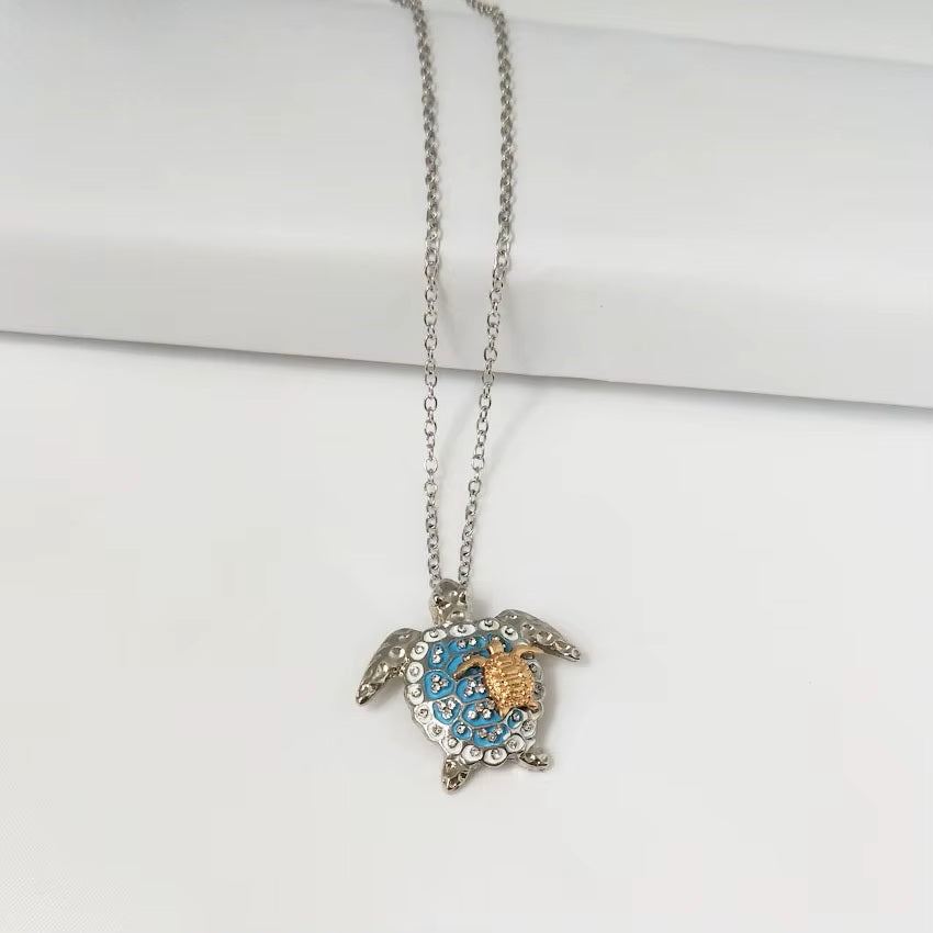 Ladies Silver Mother Gold Baby Sea Turtle Crystal Pendant Chain Necklace