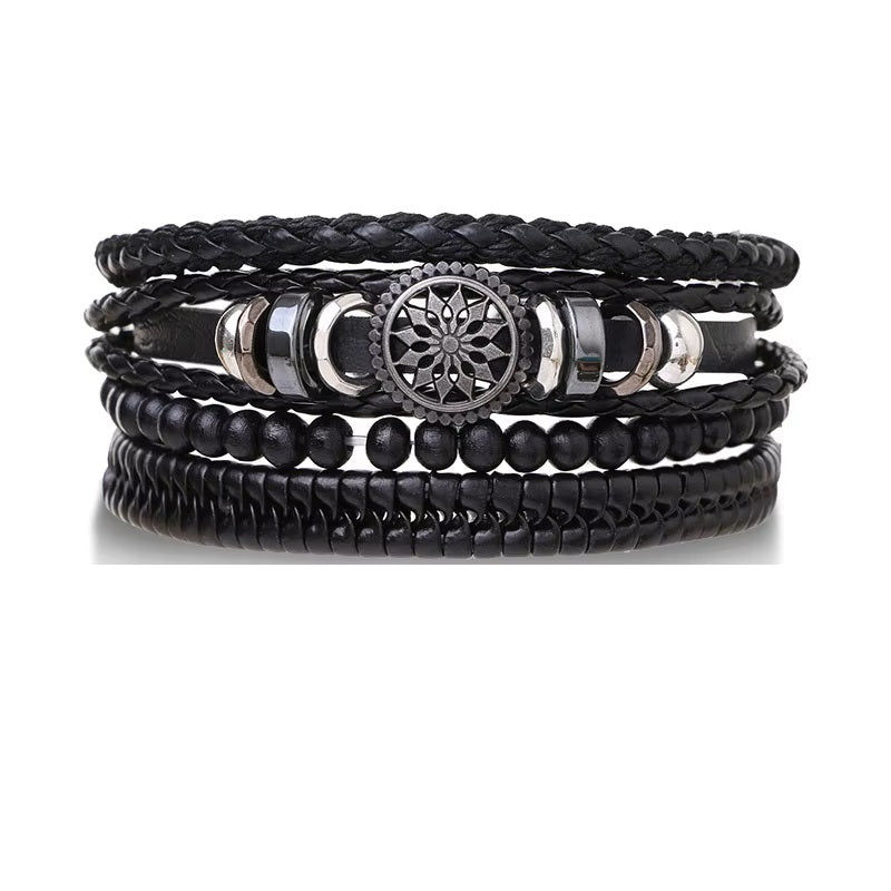 Mens Black 4Pcs Set Braided Bead Wrap Adjustable Leather Bracelets