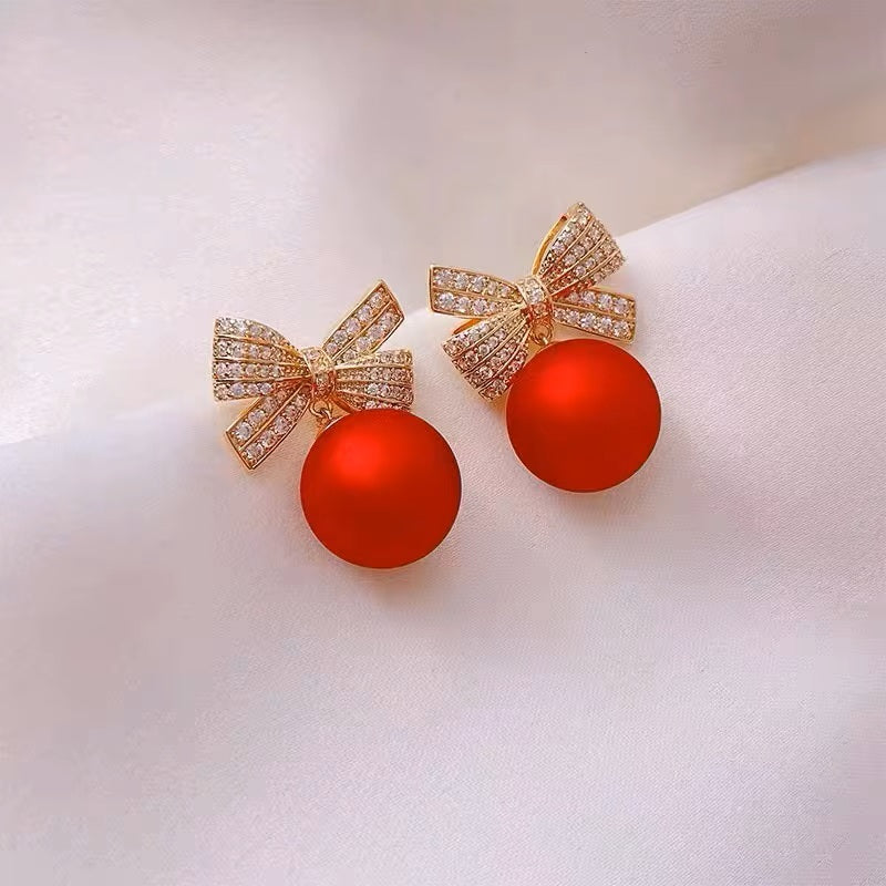 Ladies Stunning Red Ball Bow Knot Crystal Drop Womens Stud Hook Earrings