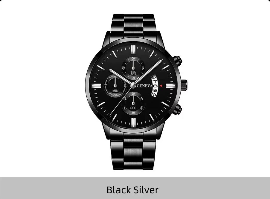 Mens Geneva Black Silver Stainless Steel Quartz Dial Analog Calendar Wrist Watch