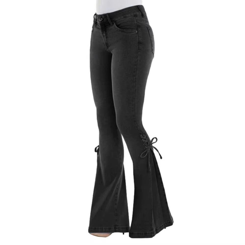Ladies High Waist Stretchy Flare Hem Side Tie Jeans