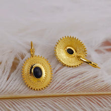 Load image into Gallery viewer, Ladies Gold Plated Round Patterned Blue Lapis Lazuli Leverback Earrings
