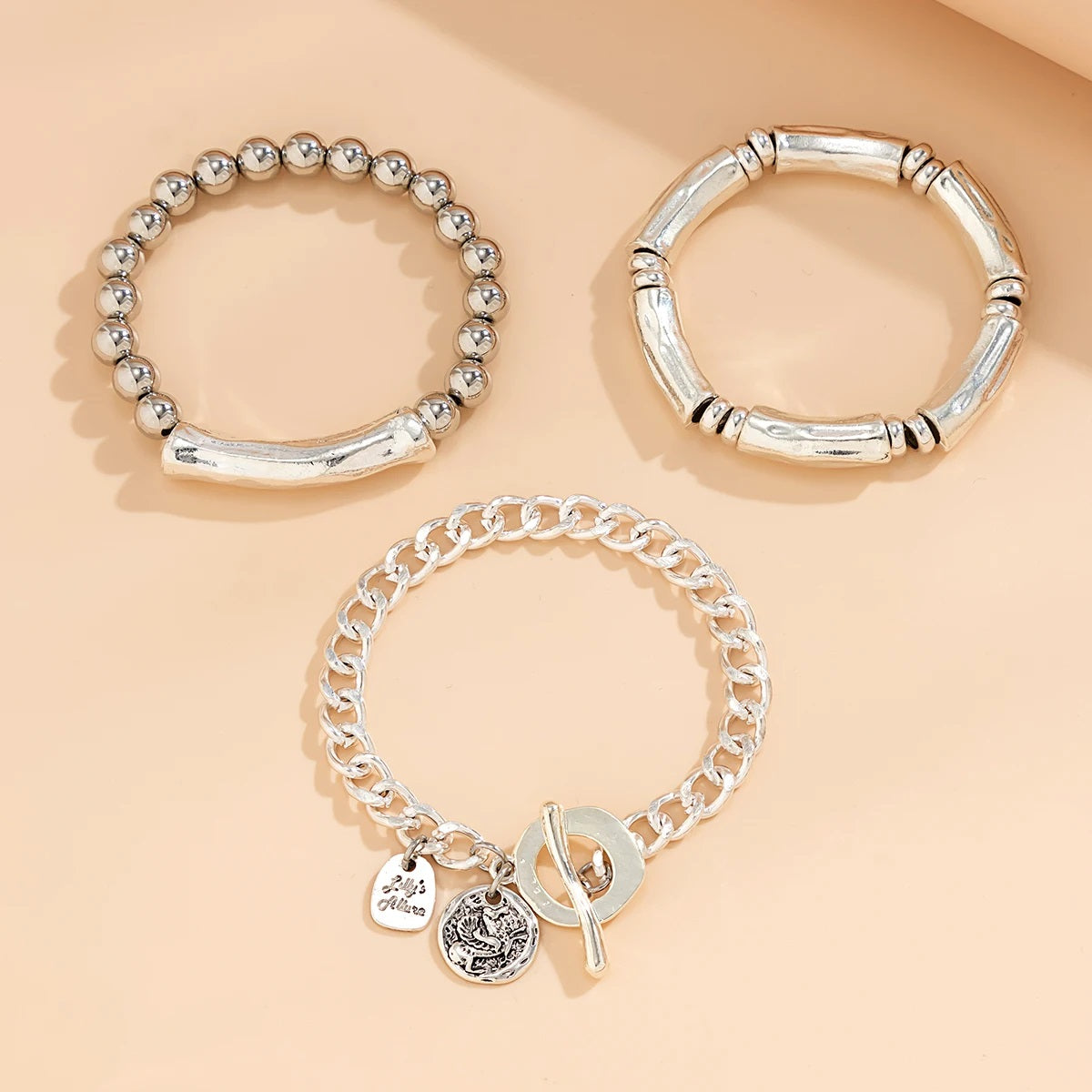 Ladies Silver Plated Chunky Round Charm 3 Set Stackable Handchan Bracelet