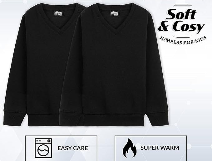 Boys Girls Black V Neck Fleece Pullover Casual School Jumper 2 Pack Sweatshirts