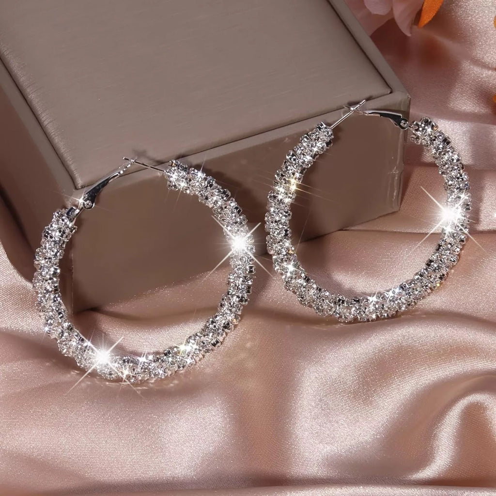Ladies Elegant Silver Chunky Mesh Layered Dazzling Cut Clip Hoop Earrings