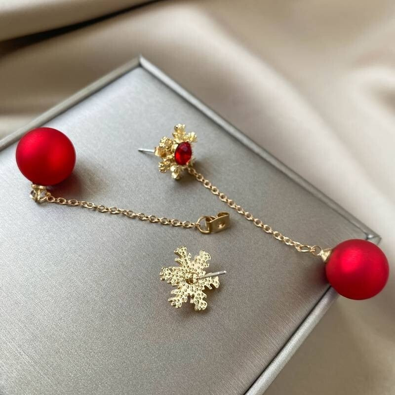 Ladies Sparkling Red Crystal Snowflake Ball Drop Dangle Stud Earrings