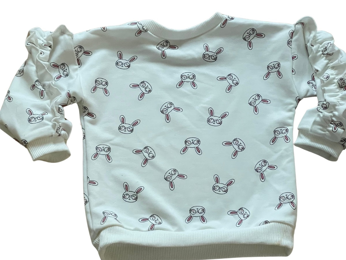 Girls Toddlers White Bunny Head Prints Long Sleeve Frills Sweatshirts Tops