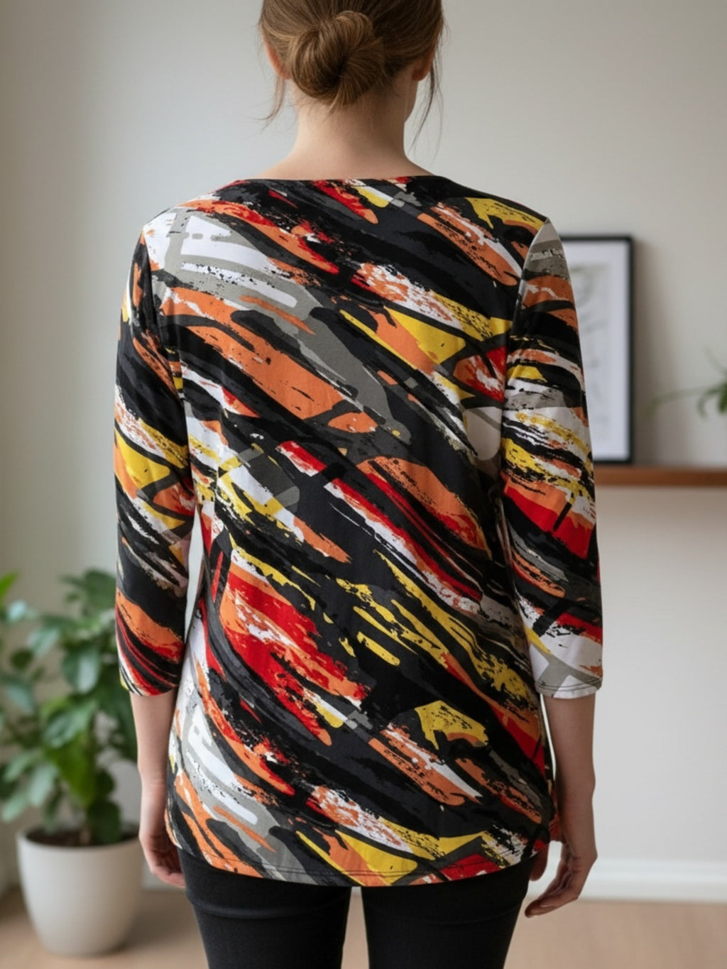 Ladies Orange Multi Abstract Scoop Neck Stretchy Quarter Sleeve Top