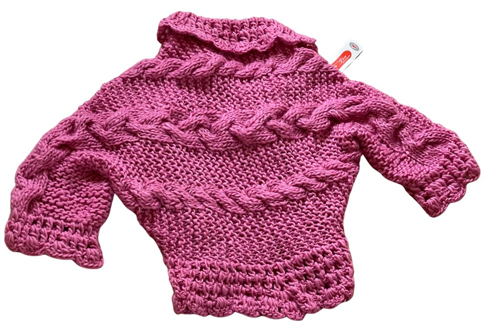 Girls Pink Soft Knitted Front Tie Handmade Crochet Scallop Edges Cardigan