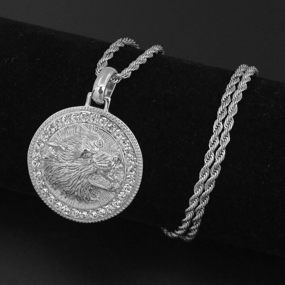 Mens Unisex Silver Roaring Wolf Head Crystals Solid Pendant Braid chain Necklace