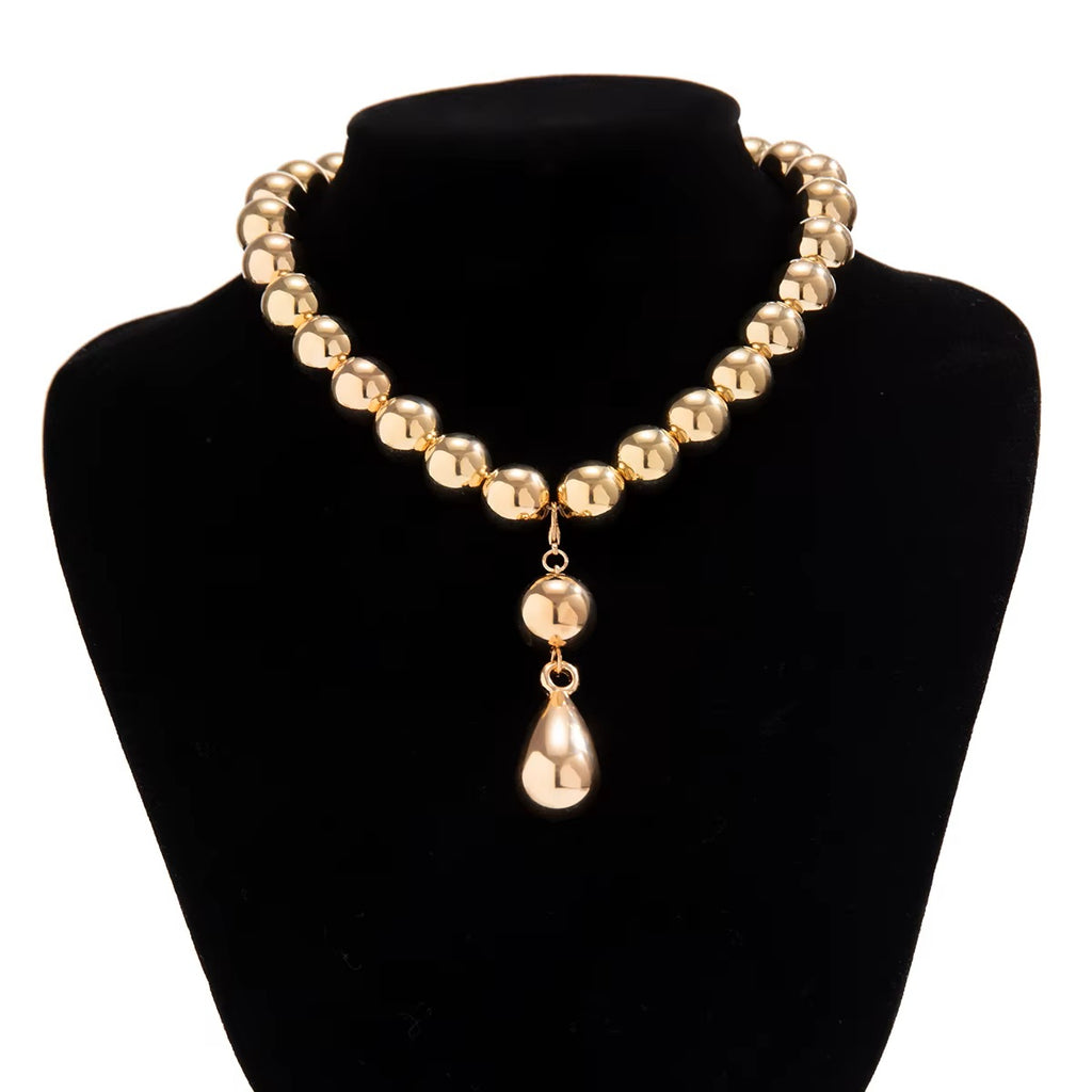 Ladies Gold Round Ball Bead Drop Pendant Chocker Necklace