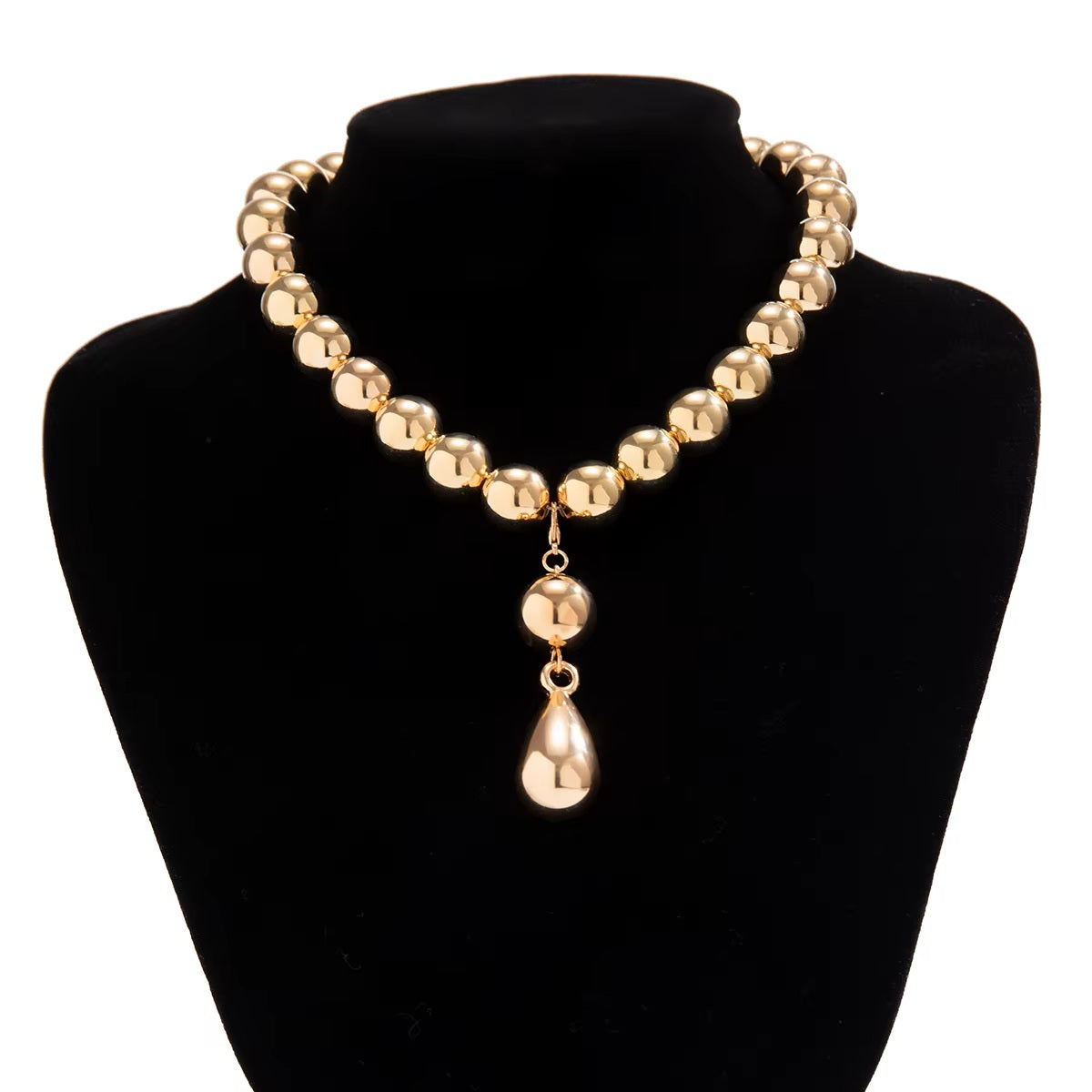 Ladies Gold Round Ball Bead Drop Pendant Chocker Necklace