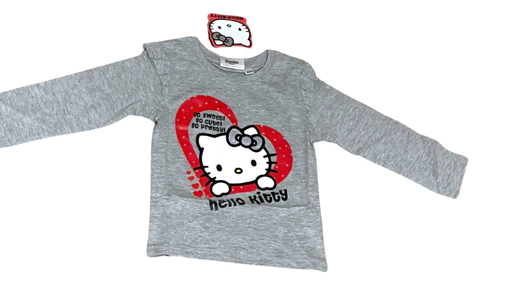 Girls Hello Kitty Pink Grey Cotton Frill Shoulder Long sleeve Casual Blouse Tops