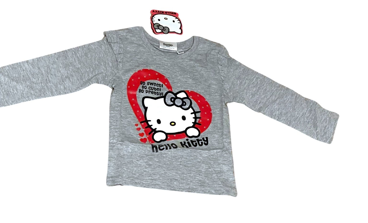 Girls Hello Kitty Pink Grey Cotton Frill Shoulder Long sleeve Casual Blouse Tops