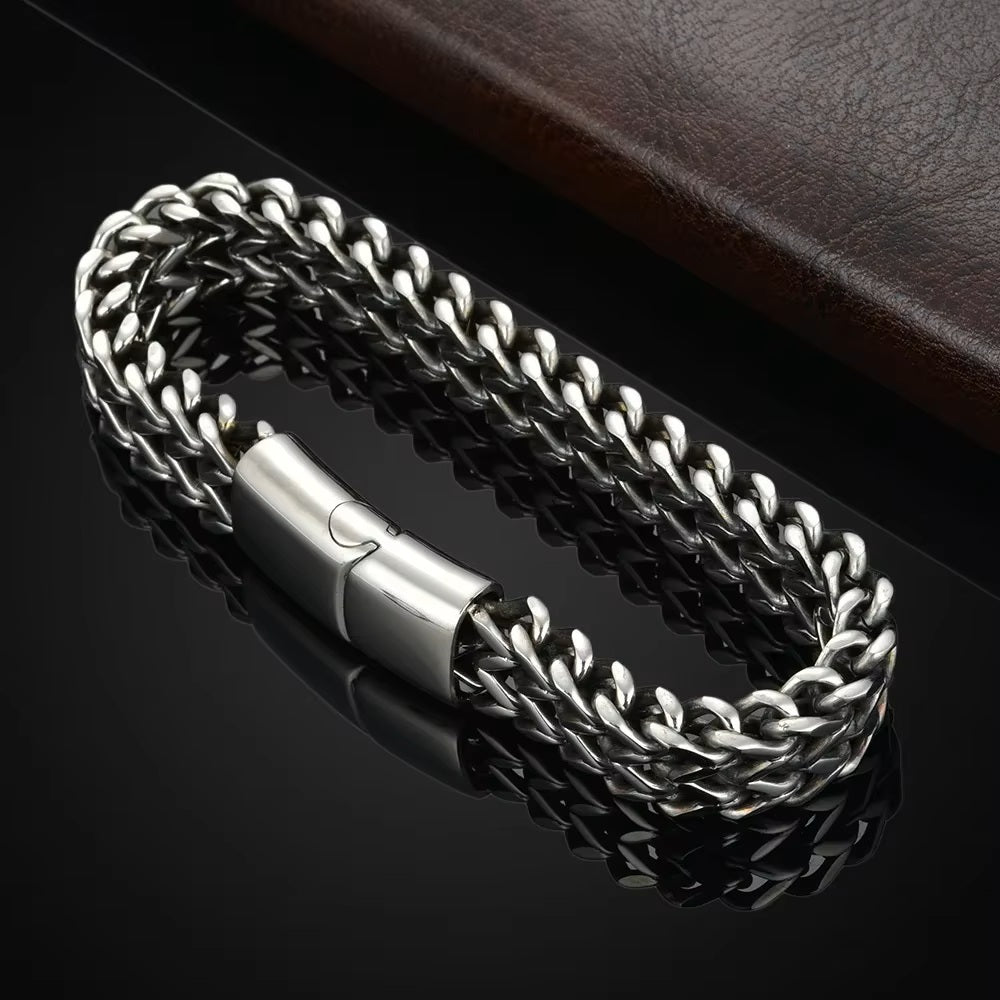 Mens Silver Stainless Steel Double Row Braid Magnetic Buckle Bracelets